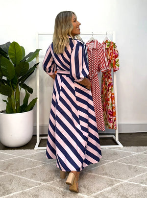 Bianca Dress - Navy Pink Stripe