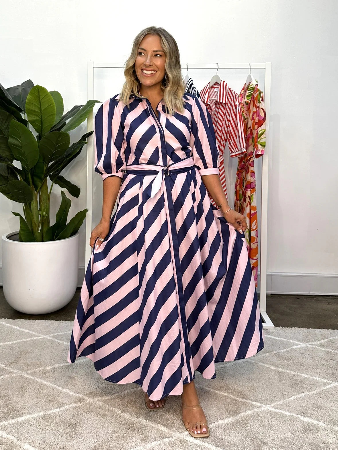 Bianca Dress - Navy Pink Stripe