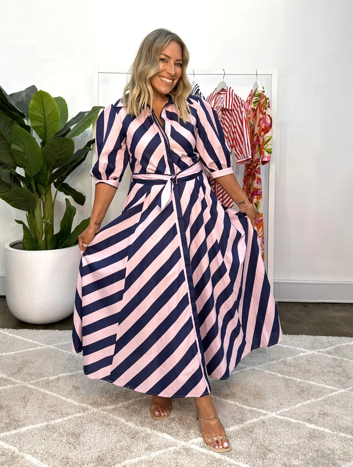 Bianca Dress - Navy Pink Stripe