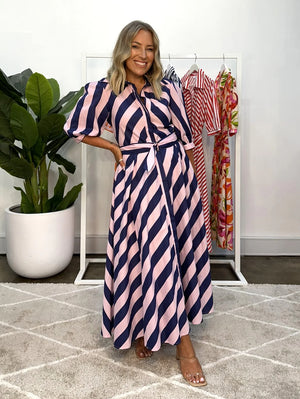 Bianca Dress - Navy Pink Stripe