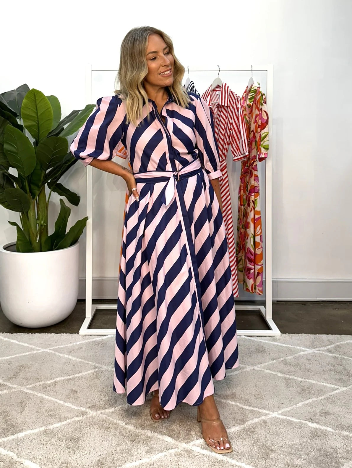 Bianca Dress - Navy Pink Stripe