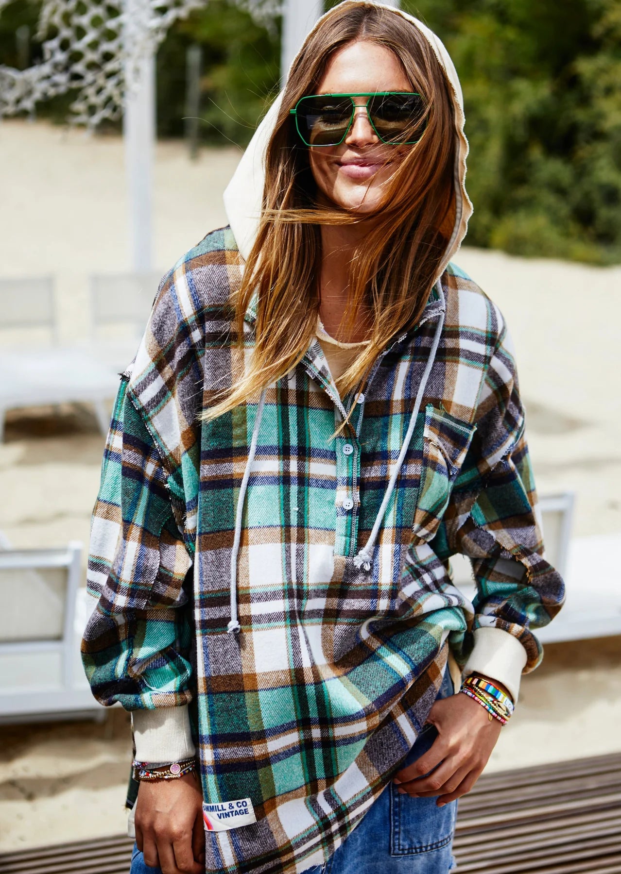 Vintage Flannel Check Hooded Sweat Jacket - Natural Green