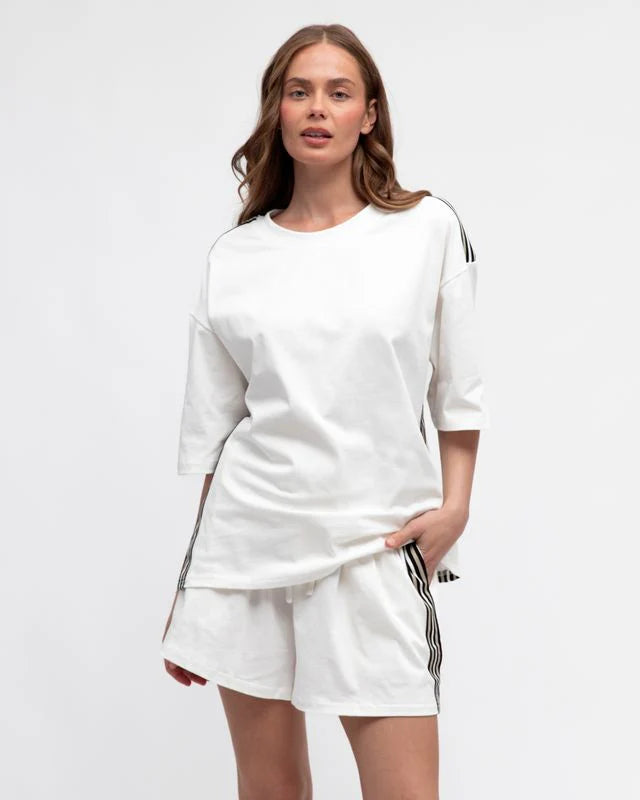 Tee Shirt With Side Stripes - White