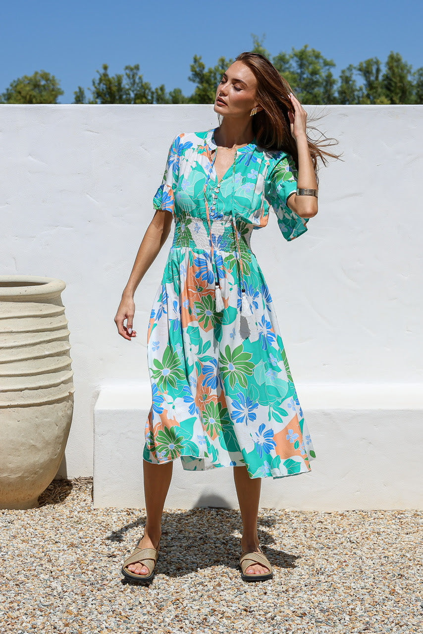 Danang Shirred Midi Dress - Green Blue