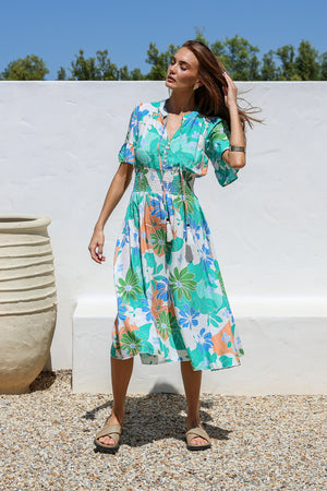 Danang Shirred Midi Dress - Green Blue