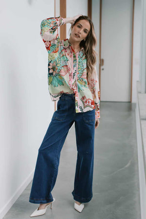 St Tropez Cotton Dobbie Shirt - Pink Green Multi