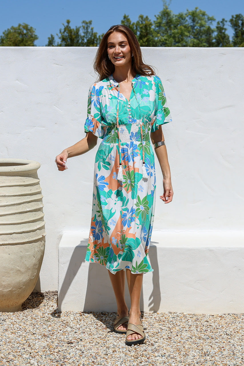 Danang Shirred Midi Dress - Green Blue