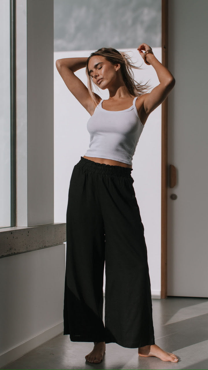 Shirred Waist Wide Leg Linen Pant - Black