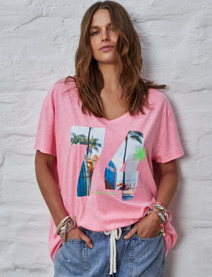 Retro Palm Number V Neck Tee - Hot Pink