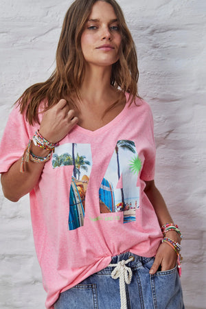 Retro Palm Number V Neck Tee - Hot Pink