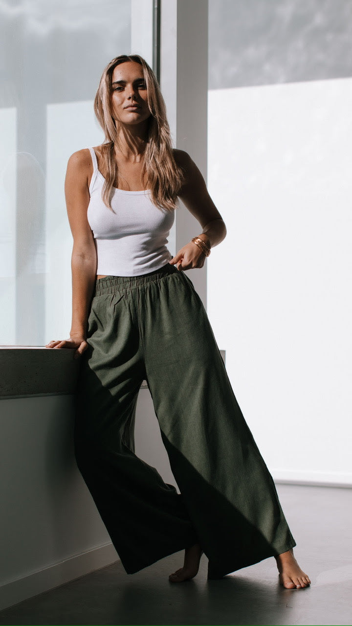 Shirred Waist Wide Leg Linen Pant - Black