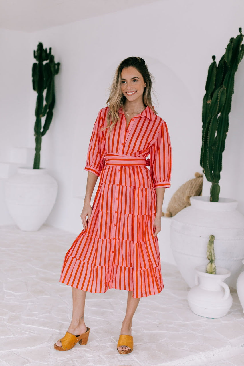 Racquet Club Tier Shirt Dress - Pink Red