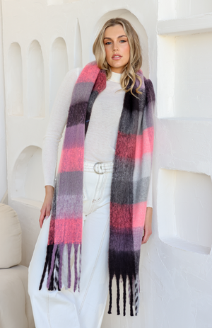 Fluffy Stripe Scarf - Pink Lilac Charcoal