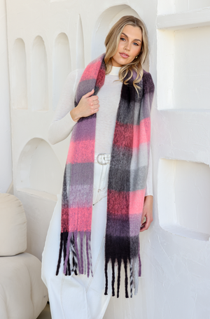 Fluffy Stripe Scarf - Pink Lilac Charcoal