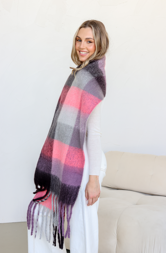 Fluffy Stripe Scarf - Pink Lilac Charcoal