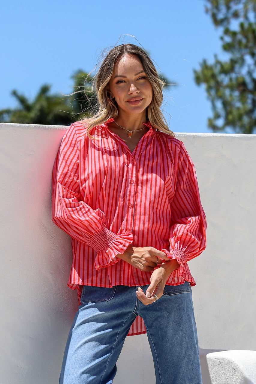Racquet Club Striped Sorrento Blouse - Pink Red