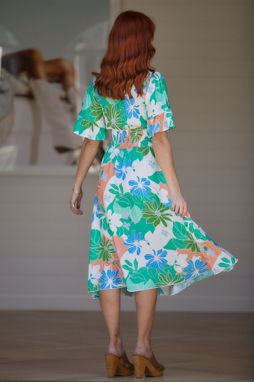 Danang Shirred Midi Dress - Green Blue
