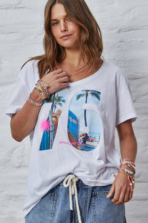 Retro Palm Number V Neck Tee - White