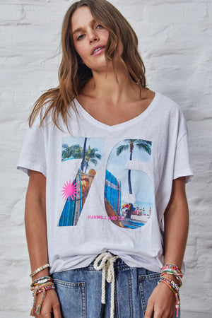 Retro Palm Number V Neck Tee - White