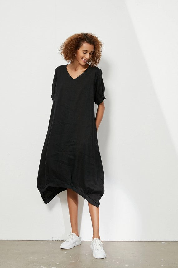 V Neck Billow Dress - Black